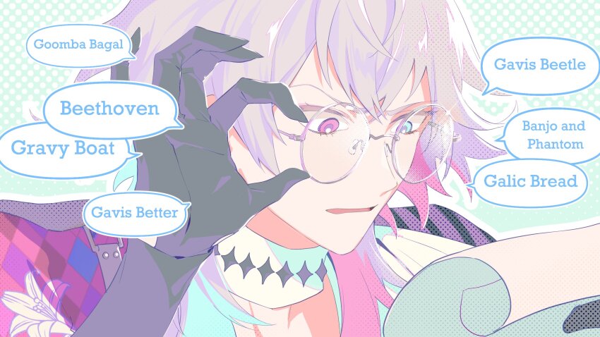 1boy adjusting_eyewear black_gloves blue_eyes blue_hair commentary confused english_commentary english_text gavis_bettel glasses gloves grey_hair hair_between_eyes heterochromia highres holostars holostars_english looking_down lynnear male_focus multicolored_hair open_mouth pastel_colors pink_eyes pink_hair portrait reading round_eyewear scarf short_hair simple_background solo sparkle speech_bubble virtual_youtuber white_scarf