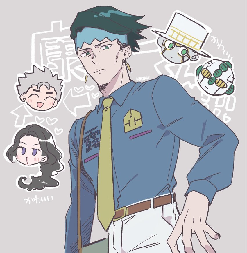 1girl 2boys 48okku arrow_(symbol) artist_name belt blue_headband blue_shirt blush brown_belt chibi chibi_inset closed_mouth collared_shirt diamond_wa_kudakenai dutch_angle earrings echoes_(stand) echoes_act3 green_eyes green_hair green_necktie grey-framed_eyewear grey_background hat headband heart heaven&#039;s_door highres hirose_koichi jewelry jitome jojo_no_kimyou_na_bouken kishibe_rohan long_hair long_sleeves looking_at_viewer male_focus multiple_boys necktie panties purple_eyes shirt shirt_tucked_in short_hair stand_(jojo) top_hat underwear white_panties yamagishi_yukako