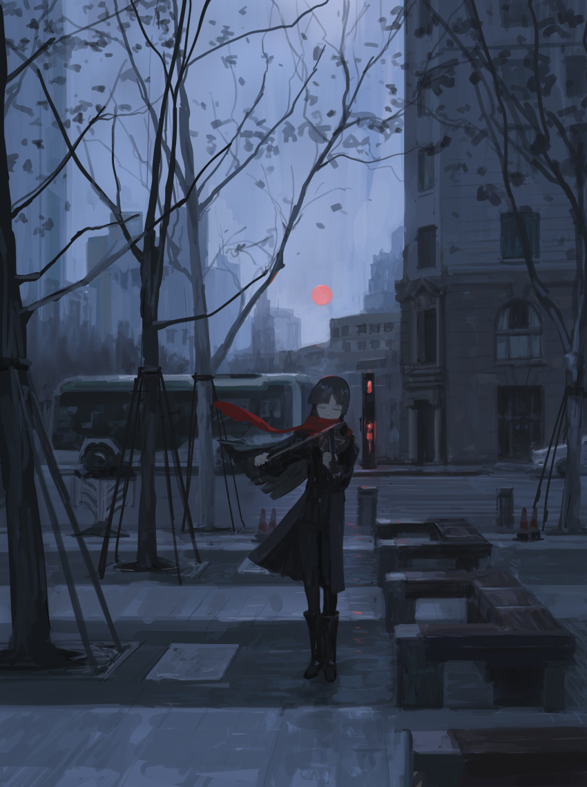 1girl absurdres bench black_coat black_hair boots bus city cityscape coat full_body highres instrument moon motor_vehicle music original playing_instrument red_moon red_scarf road scarf shanghai solo standing street tree violin zygocactus