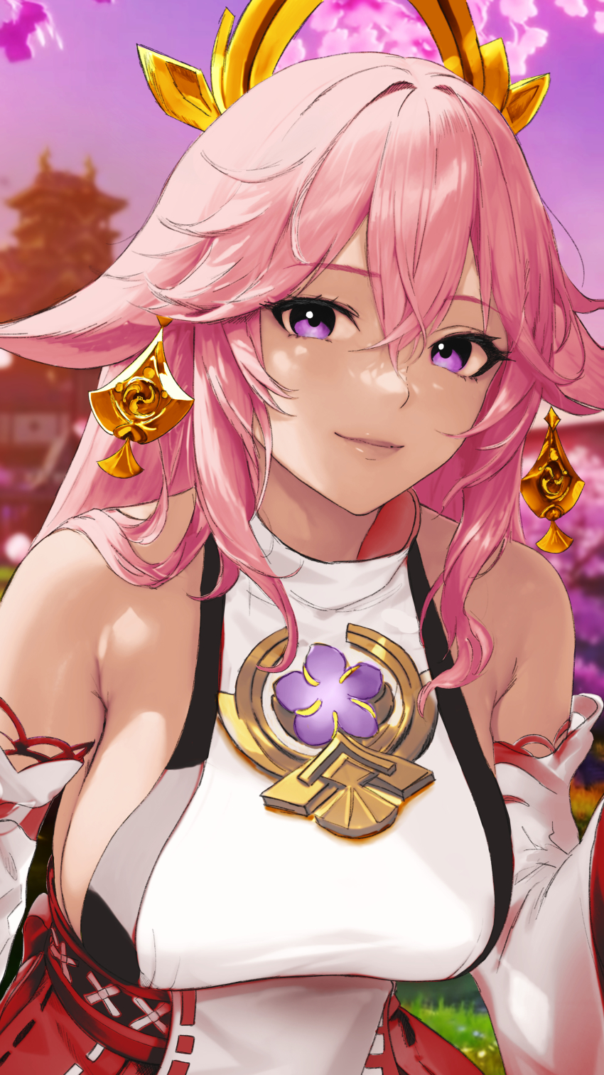 1girl absurdres animal_ears bare_shoulders beefusteku commentary detached_sleeves fox_ears genshin_impact highres long_hair long_sleeves looking_at_viewer nontraditional_miko outdoors pink_hair purple_eyes shirt sidelocks smile solo upper_body white_shirt yae_miko