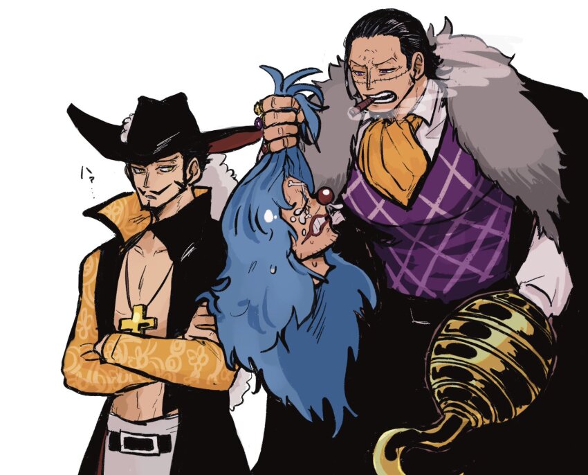 3boys ascot beard black_hair blue_hair buggy_the_clown coat cowboy_shot crocodile_(one_piece) cross_pendant crossed_arms crying dracule_mihawk f4ylu facial_hair fur-trimmed_coat fur_trim hair_slicked_back hat_feather highres holding_detached_head hook_hand jewelry male_focus multiple_boys mustache one_piece orange_ascot purple_vest red_nose ring simple_background smoke stitched_face stitches vest white_background