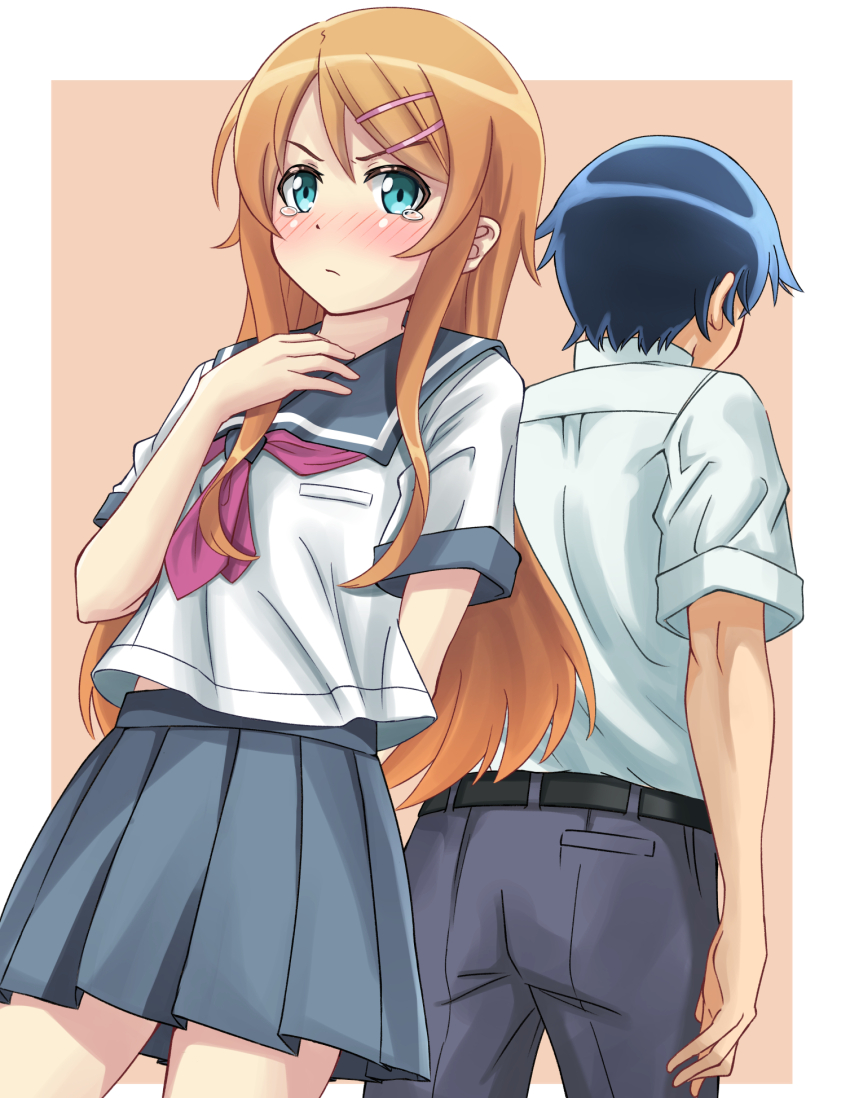 belt black_belt black_hair blonde_hair blue_sailor_collar blue_skirt blush commentary_request hair_ornament highres kousaka_kirino kousaka_kyousuke midriff_peek miniskirt neckerchief ore_no_imouto_ga_konna_ni_kawaii_wake_ga_nai pleated_skirt red_neckerchief sailor_collar school_uniform serafuku shirt short_sleeves skirt white_shirt yomo