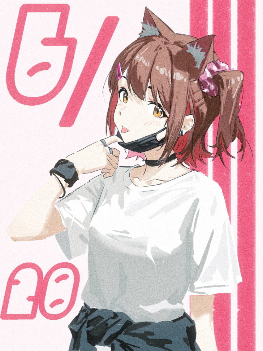 1girl :p animal_ear_fluff animal_ears birthday black_choker brown_eyes brown_hair cat_ears choker closed_mouth cobwvmeti commentary earrings hair_ornament hair_scrunchie hairclip hand_up hashtag-only_commentary highres idolmaster idolmaster_million_live! jewelry kasuga_mirai kemonomimi_mode looking_at_viewer mask mask_pull mouth_mask one_side_up pink_scrunchie ring scrunchie shirt short_hair short_sleeves solo sweatband tongue tongue_out upper_body white_shirt