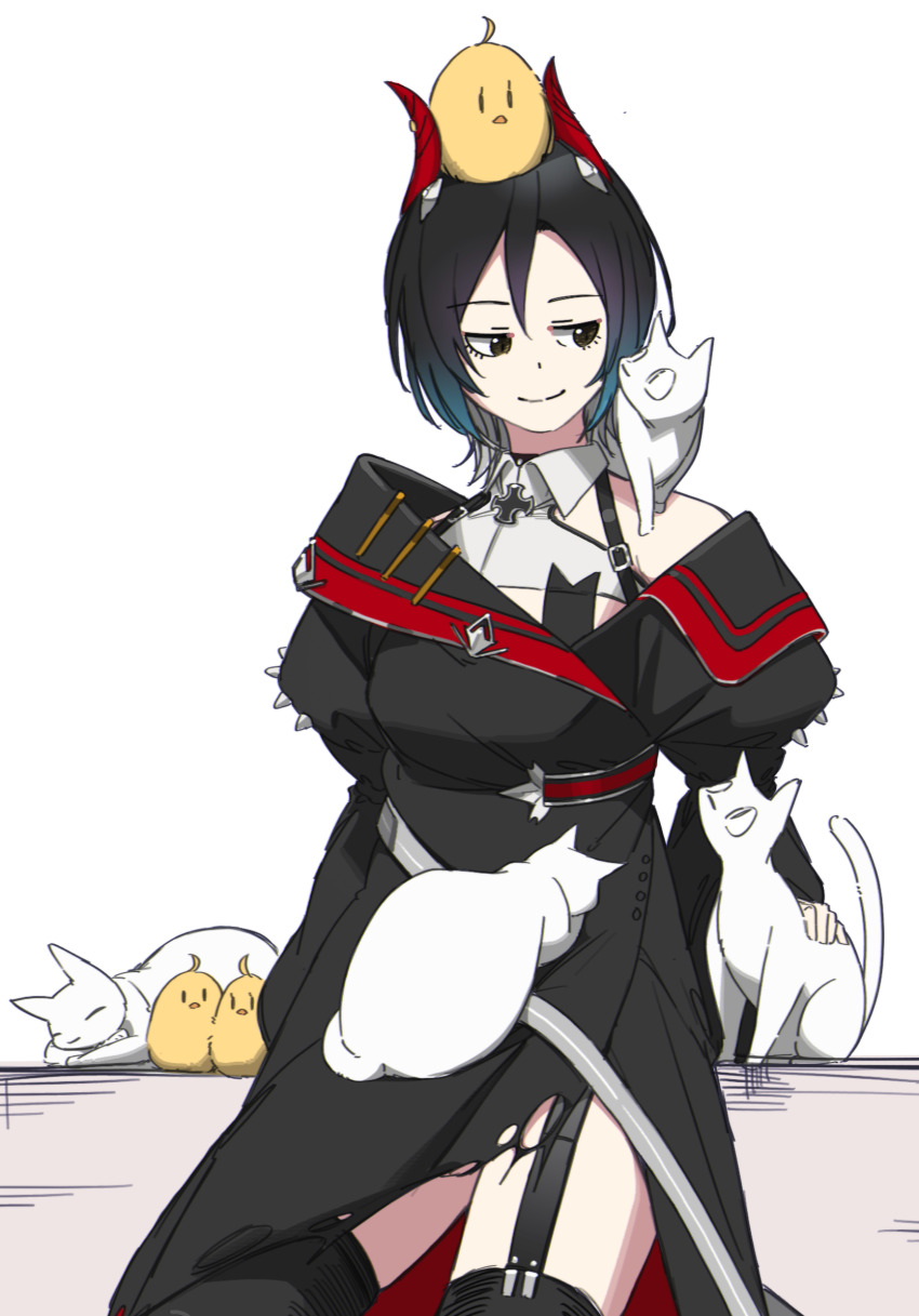 1girl animal animal_on_shoulder azur_lane bare_shoulders bird black_coat black_hair black_thighhighs cat coat cross garter_straps hair_between_eyes hatski.sin highres horns iron_cross long_sleeves looking_to_the_side manjuu_(azur_lane) mechanical_horns multicolored_hair off_shoulder on_head red_horns short_hair simple_background smile solo thighhighs two-tone_hair ulrich_von_hutten_(azur_lane) white_background white_cat yellow_eyes