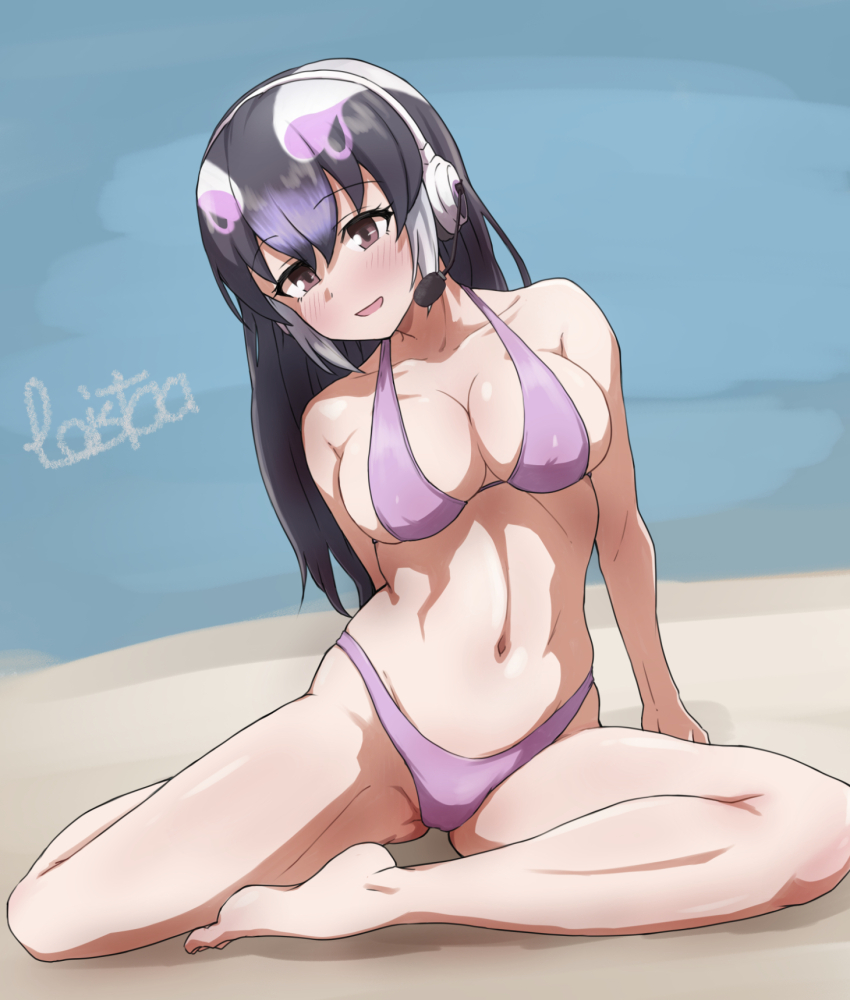 1girl african_penguin_(kemono_friends) arm_behind_back artist_name barefoot bikini black_hair blush breasts brown_eyes cleavage collarbone dutch_angle full_body gluteal_fold hair_between_eyes headset highres kemono_friends kemono_friends_v_project kyonin_dofu leaning_to_the_side long_hair medium_breasts multicolored_hair navel parted_bangs parted_lips pink_bikini pink_hair sitting smile solo spread_legs stomach swimsuit toes virtual_youtuber white_hair
