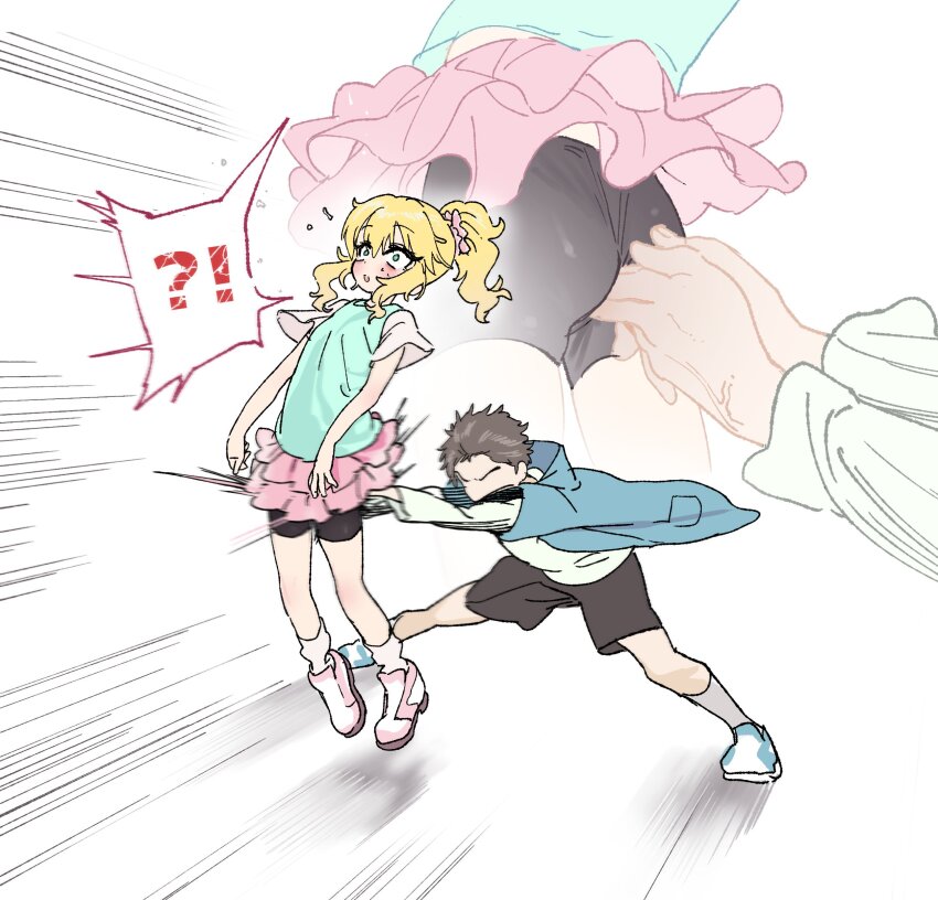 !? 1boy 1girl :o absurdres ass black_shorts blonde_hair blue_footwear blue_jacket blush constricted_pupils dorontabi frilled_skirt frills full_body green_eyes green_shirt highres idolmaster idolmaster_cinderella_girls idolmaster_cinderella_girls_u149 jacket kanchou legs_apart long_sleeves medium_hair miniskirt motion_lines no_eyes pink_footwear pink_skirt producer_(idolmaster) producer_(idolmaster_cinderella_girls_u149) sakurai_momoka shirt short_sleeves shorts skirt socks speech_bubble speed_lines v-shaped_eyebrows white_shirt white_socks