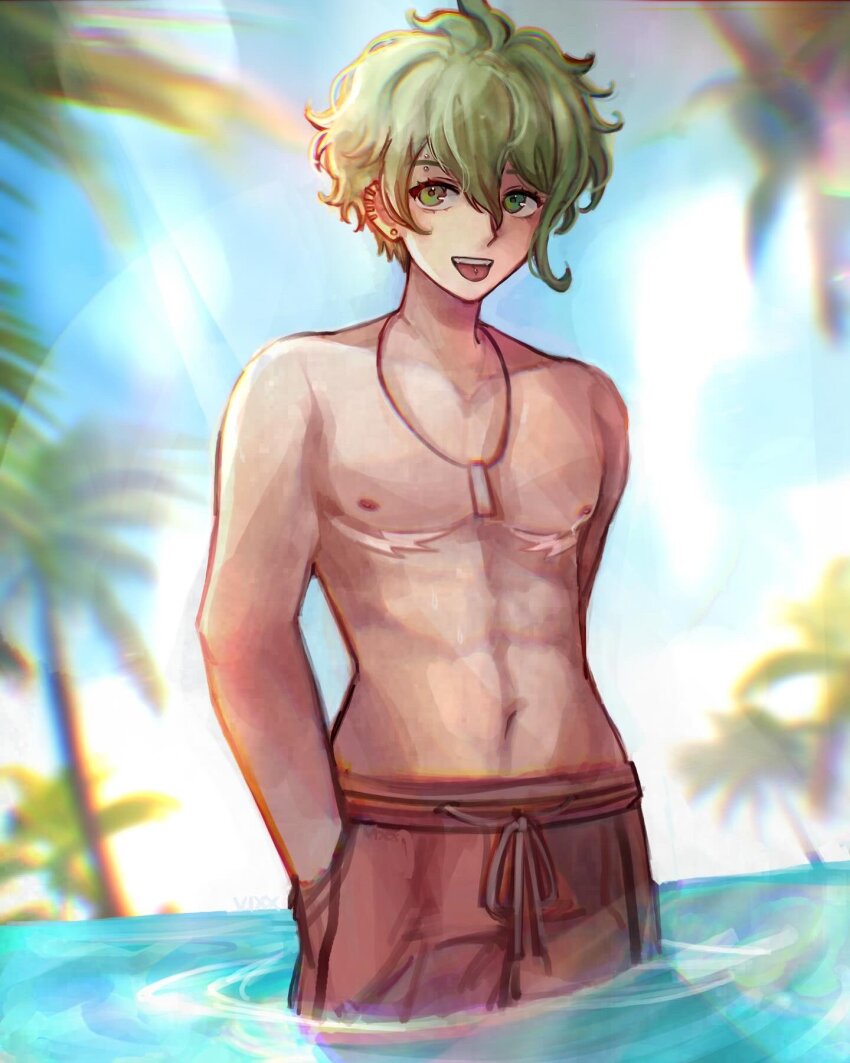 1boy :d amami_rantaro collarbone danganronpa_(series) danganronpa_v3:_killing_harmony day ear_piercing earrings green_eyes green_hair hair_between_eyes highres jewelry male_focus male_swimwear navel necklace open_mouth outdoors palm_tree piercing red_male_swimwear short_hair smile solo stomach tongue_piercing topless_male tree vixx_(vixiolatte) wading water