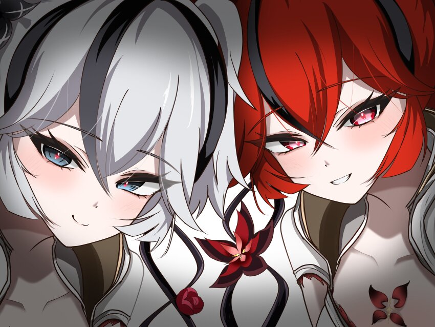 2girls absurdres black_eyes black_flower blake_bloom_(wuthering_waves) bunchosan_dayo camellya_(wuthering_waves) closed_mouth collar collarbone commentary dual_persona english_commentary flower flower-shaped_pupils flower_on_chest hair_between_eyes hair_flower hair_ornament hair_ribbon hair_vines highres looking_at_viewer multiple_girls official_alternate_color parted_lips red_eyes red_flower red_hair red_petals red_pupils red_ribbon ribbon short_hair simple_background smile symbol-shaped_pupils tacet_mark_(wuthering_waves) upper_body white_background white_collar wuthering_waves