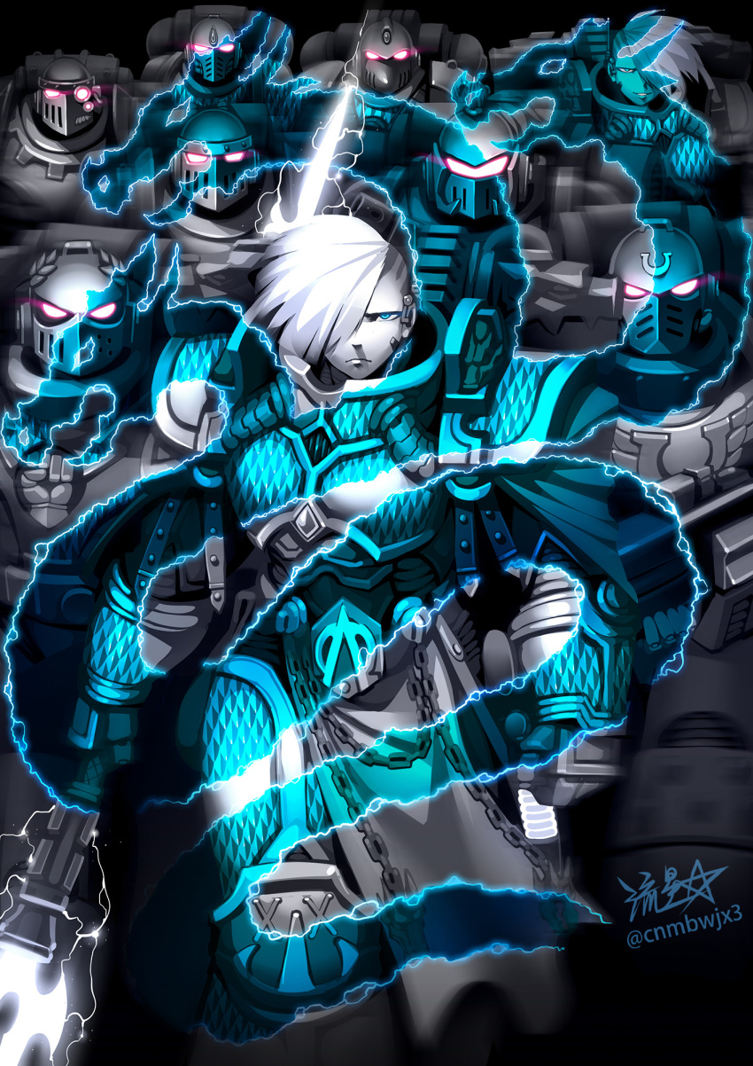 1girl adeptus_astartes alpha_legion alpharius alpharius_omegon armor breastplate cape chain full_armor gauntlets genderswap genderswap_(mtf) greaves highres holding holding_polearm holding_weapon omegon pauldrons plasma_pistol polearm power_armor primarch ryuusei_(mark_ii) short_hair shoulder_armor signature spear standing undercut warhammer_40k weapon white_hair