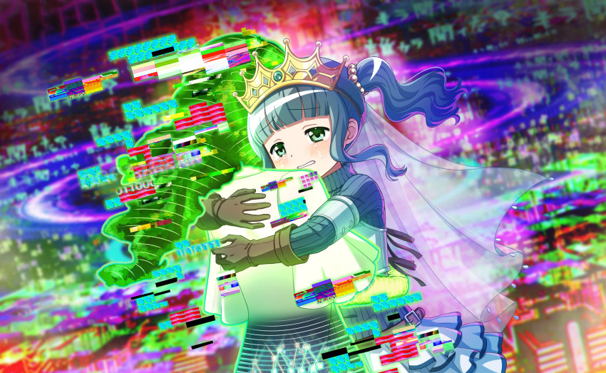 2girls ai-chan_(madoka_magica) armlet armor artist_request bare_arms belt belt_buckle black_ribbon blunt_bangs blush breastplate brown_belt brown_gloves buckle city clenched_teeth cowboy_shot crying crying_with_eyes_open dot_nose dress drill_hair floating_clothes floating_hair frilled_skirt frills from_behind futaba_sana game_cg glitch gloves green_eyes green_hair green_sweater hair_bobbles hair_ornament highres hug jewelry long_hair magia_record:_mahou_shoujo_madoka_magica_gaiden magical_girl mahou_shoujo_madoka_magica mahou_shoujo_madoka_magica_magia_exedra miniskirt multiple_girls official_art pleated_sleeves ribbon sad see-through_clothes see-through_veil short_sleeves skirt streaming_tears sweater tareme tears teeth third-party_source turtleneck turtleneck_sweater twintails uwasa_(madoka_magica) veil wavy_hair white_dress white_skirt white_veil witch&#039;s_labyrinth