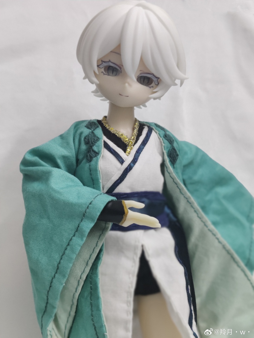 1girl absurdres character_doll chinese_clothes closed_mouth colored_eyelashes doll figure grey_eyes highres light_smile long_sleeves photo_(medium) realistic short_hair short_shorts shorts vocaloid vsinger_(vocaloid) watermark weibo_username weibo_watermark white_eyelashes white_hair wide_sleeves yanhe yanhe_(daojianchunqiu)
