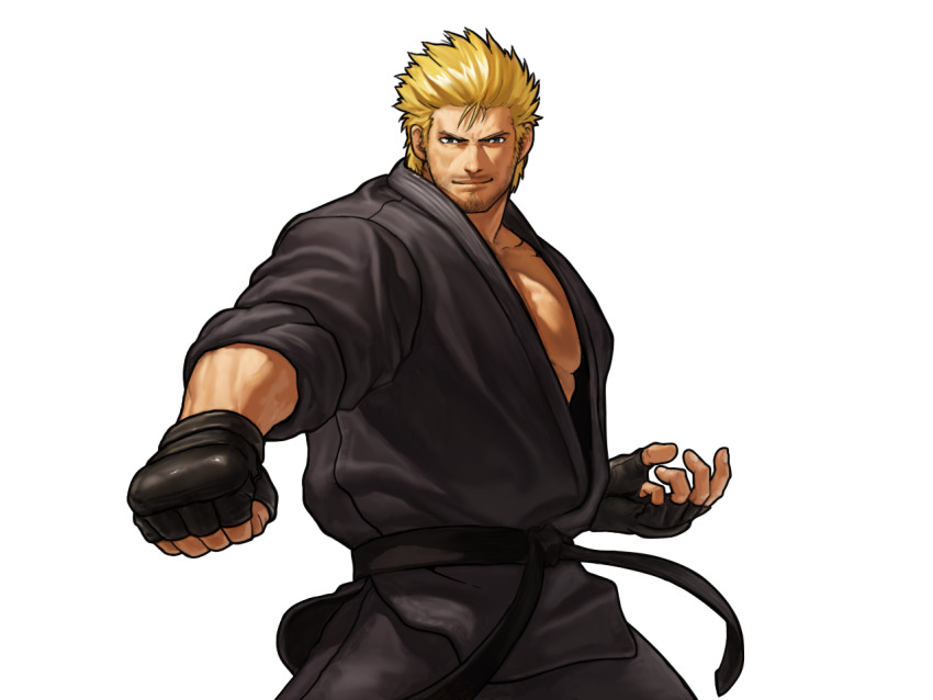 1boy alternate_costume arm_behind_back bara beard belt black_belt blonde_hair brown_eyes clenched_hand colored_eyelashes cowboy_shot dougi facial_hair fighting_stance fingerless_gloves gloves karate_gi large_pectorals looking_at_viewer male_focus martial_arts_belt mature_male mr._karate muscular muscular_male neo_geo_battle_coliseum official_art ogura_eisuke pectoral_cleavage pectorals ryou_sakazaki short_hair sideburns simple_background snk solo white_background
