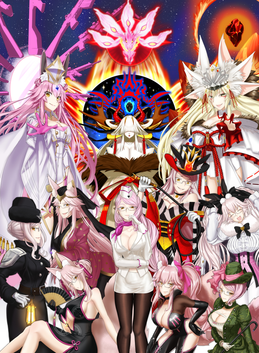 6+girls absurdres alternate_costume alternate_hairstyle animal_ear_fluff animal_ears beast_iv:l black_bodysuit blood blood_on_hands bodysuit bow breasts center_opening china_dress chinese_clothes cleavage collarbone dress extra_ears eyewear_strap fate/grand_order fate_(series) fox_ears fox_girl fox_tail fur-trimmed_kimono fur_trim glasses grey-framed_eyewear hair_over_face headpiece highres indian_clothes japanese_clothes kimono kitsune koyanskaya_(assassin)_(first_ascension)_(fate) koyanskaya_(assassin)_(second_ascension)_(fate) koyanskaya_(assassin)_(third_ascension)_(fate) koyanskaya_(british_lostbelt_outfit)_(fate) koyanskaya_(chinese_lostbelt_outfit)_(fate) koyanskaya_(fate) koyanskaya_(foreigner)_(first_ascension)_(fate) koyanskaya_(foreigner)_(second_ascension)_(fate) koyanskaya_(indian_lostbelt_outfit)_(fate) koyanskaya_(russian_lostbelt_outfit)_(fate) large_breasts long_hair multiple_girls multiple_tails open_mouth pink_bow pink_hair rabbit_ears rope shimenawa tail talisman tamamo_(fate) thirukin very_long_hair white-framed_eyewear white_kimono yellow_eyes