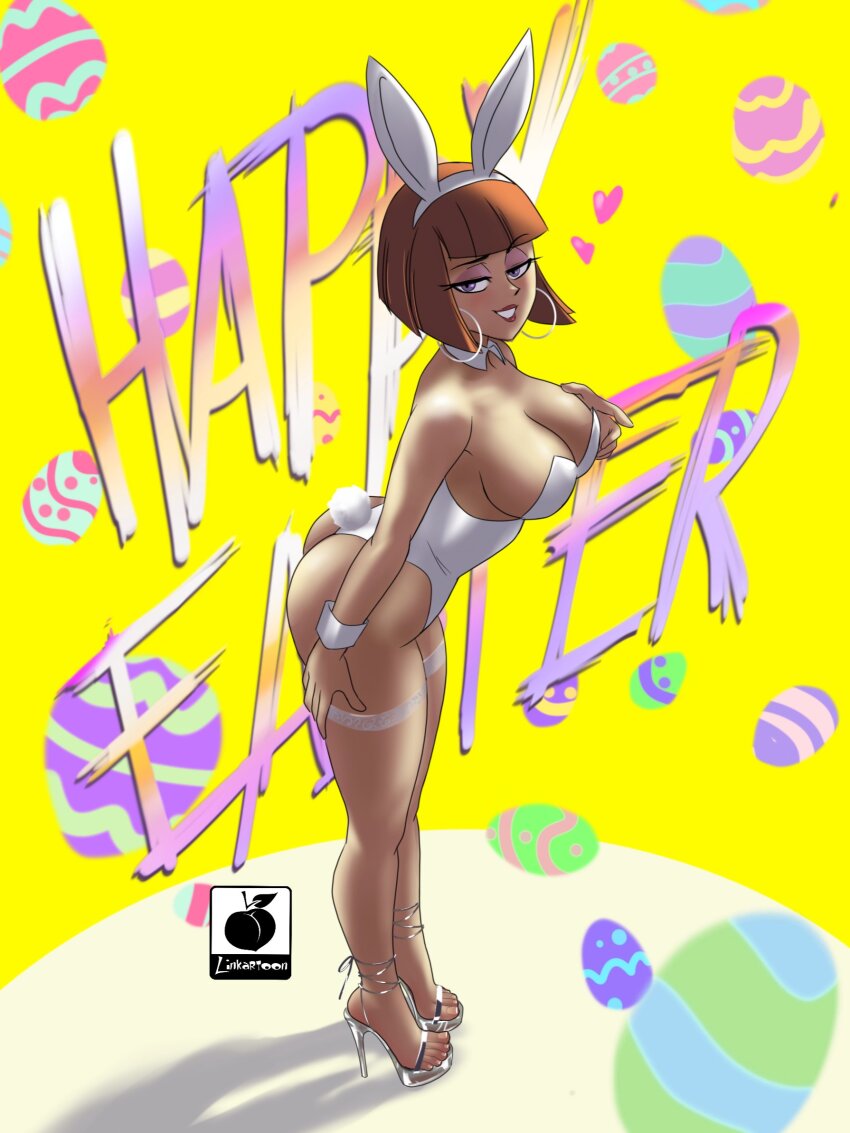 1girl alternate_costume animal_ears artist_logo ass blunt_bangs breasts brown_hair commentary danny_phantom detached_collar earrings easter easter_egg egg english_commentary eyelashes eyeshadow fake_animal_ears feet hairband hand_up happy_easter high_heels highleg highleg_leotard highres hoop_earrings jewelry large_breasts leaning_forward leotard linkartoon logo looking_at_viewer maddie_fenton makeup medium_hair playboy_bunny rabbit_tail shadow solo standing stiletto_heels strapless strapless_leotard strappy_heels tail thigh_strap thighs toenails toes white_hairband white_leotard wrist_cuffs yellow_background