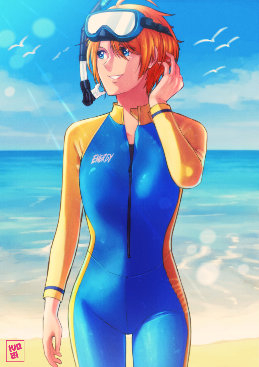 1girl absurdres artist_logo beach bird blue_bodysuit blue_eyes blue_wetsuit bodysuit day diving_suit highres ivo_k logo looking_to_the_side ocean original outdoors red_hair seagull short_hair snorkel snorkel_mask solo water wetsuit