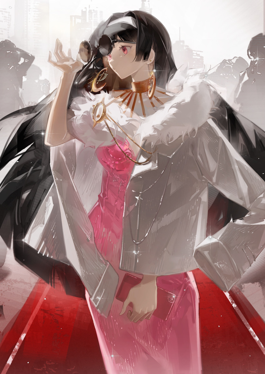 1girl absurdres adapted_costume astra_yao black_hair breasts coat dress earrings hairband highres jewelry large_breasts long_hair looking_at_viewer necklace purple_eyes red_eyes sceed smile solo sunglasses white_hairband zenless_zone_zero