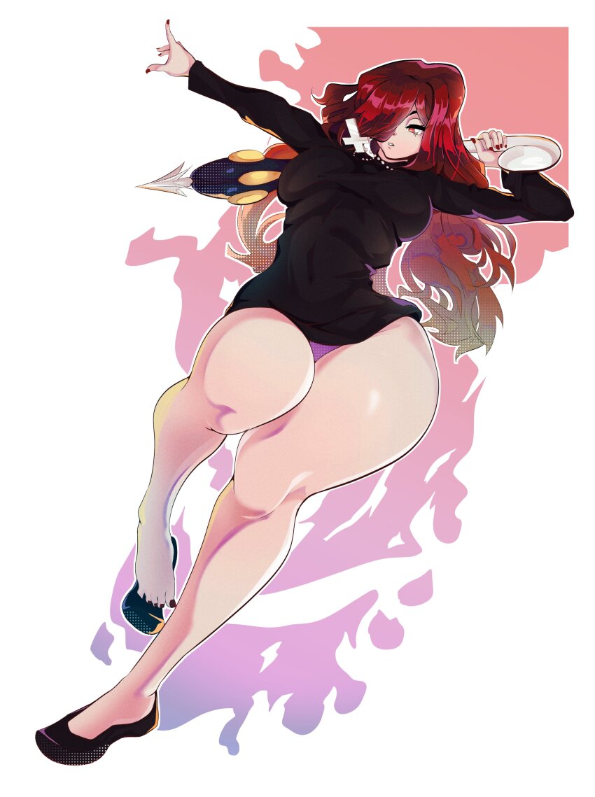1girl adapted_costume cross cross_necklace full_body hair_over_one_eye holding holding_umbrella holding_weapon jewelry krieg_(skullgirls) long_hair molu_(molu-molu) nail_polish necklace orange_eyes pantied parasoul_(skullgirls) red_hair red_nails red_toenail_polish skullgirls solo sweater thick_thighs thighs toenail_polish toenails turtleneck turtleneck_sweater umbrella weapon wide_hips