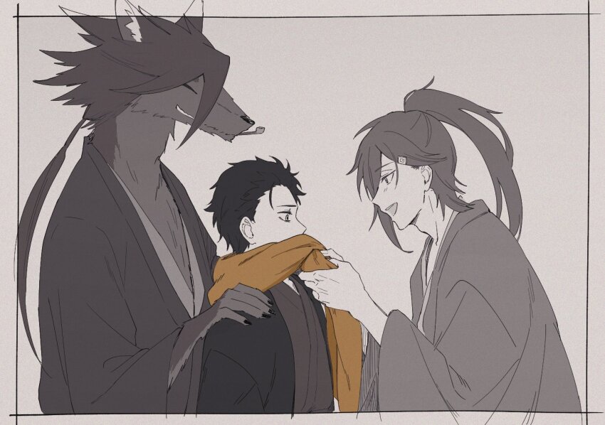 3boys alternate_costume alternate_universe animal_ears black_hair cecilus_segmunt dark_persona fur furry furry_male halibel hands_on_another&#039;s_shoulders japanese_clothes kimono kiseru long_hair monochrome multiple_boys natsuki_subaru orange_scarf ponytail re:zero_kara_hajimeru_isekai_seikatsu sanpaku scarf sketch smile smoking_pipe wolf_ears