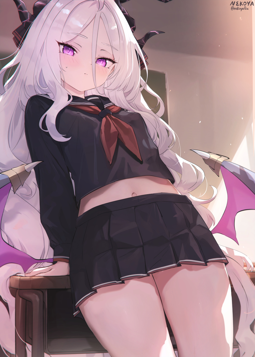 1girl absurdres black_halo black_sailor_collar black_serafuku black_skirt blue_archive blush breasts closed_mouth commentary_request demon_girl demon_horns demon_wings desk dot_nose hair_between_eyes halo highres hina_(blue_archive) horns indoors leaning_on_table loli long_hair long_sleeves looking_at_viewer low_wings multiple_horns navel nekoya_(liu) paid_reward_available pleated_skirt purple_eyes sailor_collar school_desk school_uniform serafuku skirt sleeve_cuffs small_breasts solo standing sweatdrop thighs very_long_hair wavy_hair white_hair wings