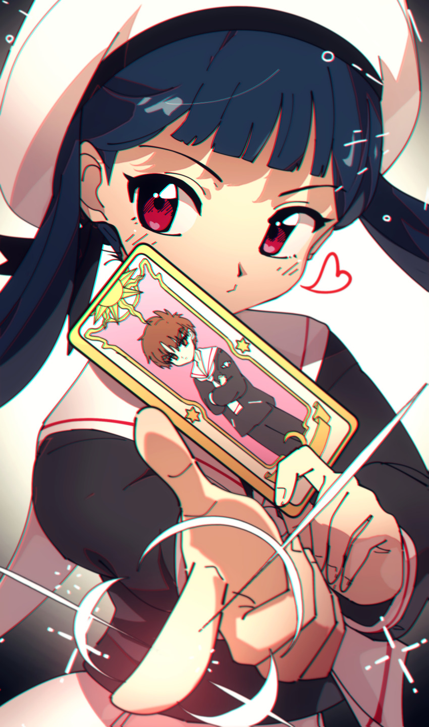 1girl absurdres beret black_shirt blue_hair brown_hair card cardcaptor_sakura child closed_mouth clow_card commentary_request finger_gun hat heart highres holding holding_card li_meiling li_syaoran long_hair long_sleeves looking_at_viewer nzeneee pointing pointing_at_viewer red_eyes sailor_collar school_uniform shirt skirt solo tomoeda_elementary_school_uniform twintails upper_body white_hat white_sailor_collar white_skirt