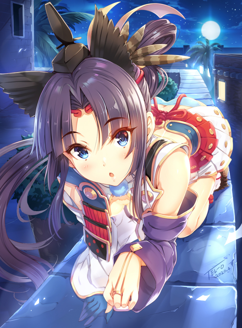 1girl all_fours armor asymmetrical_sleeves black_hair blush breast_curtains breasts detached_sleeves fate/grand_order fate_(series) feather_hair_ornament feathers female_focus hair_ornament highres japanese_armor kusazuri long_hair long_sleeves looking_at_viewer medium_breasts mismatched_sleeves parted_bangs pom_pom_(clothes) revealing_clothes sheath side_ponytail solo tel-o ushiwakamaru_(fate)