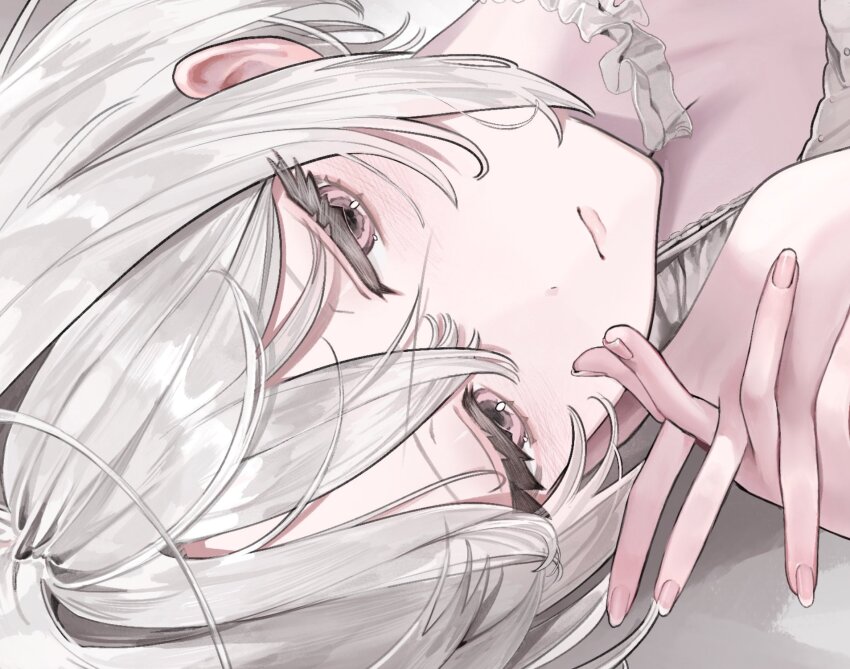 1girl bare_arms bare_legs choker closed_mouth commentary dress flower frilled_choker frilled_dress frills hair_between_eyes hands_up highres looking_afar lying medium_hair on_side original own_hands_together pink_eyes solo toro_runo vase white_choker white_dress white_flower white_hair