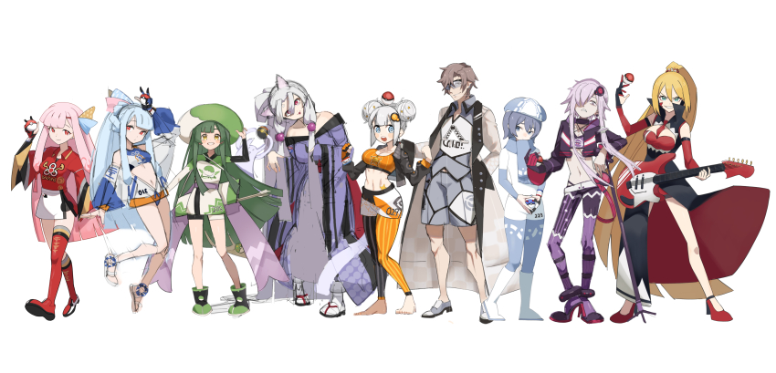 1boy 6+girls :3 :o absurdly_long_hair absurdres adapted_costume alternate_hair_length alternate_hairstyle animal_ears arm_at_side arm_up arrow_(projectile) asymmetrical_footwear asymmetrical_legwear bags_under_eyes balancing_on_finger balancing_on_head bandeau bare_shoulders barefoot beads belt beret between_fingers bike_shorts bikini bikini_bottom_only black_coat black_gloves black_jacket black_leggings blue_bodysuit blue_eyes blue_hair blue_nails blue_scarf blunt_bangs blunt_ends blush blush_stickers bodysuit boots bow_(weapon) breast_cutout breasts brown_coat brown_hair cevio checkered_coat cleavage clenched_hands clenched_teeth closed_mouth coat collar collared_shirt commentary_request contrapposto crop_top cropped_hoodie cropped_jacket cropped_shirt curtained_hair detached_sleeves dolphin_shorts double_bun earclip earrings expressionless facial_mark flexing food-themed_hat fox_ears frown full_body ghost ghost_pose gloves green_hair grey_eyes grey_footwear grey_hair grey_shirt grey_shorts grin guitar hair_beads hair_bun hair_ornament hair_over_one_eye hair_ribbon half-closed_eyes half_updo halter_shirt halterneck hand_in_pocket hand_on_headwear hand_up hands_up hat head_tilt heel_up high_heels high_ponytail highres hikimayu hime_cut hiragi_sage holding holding_bow_(weapon) holding_guitar holding_instrument holding_poke_ball holding_weapon hood hood_down hoodie index_finger_raised instrument jacket jacket_partially_removed japanese_clothes jewelry kimono kizuna_akari knee_boots kotonoha_akane kotonoha_aoi large_breasts leaning_on_object leggings leggings_under_shorts legs_apart lineup long_hair long_sleeves looking_at_viewer low-tied_sidelocks medium_breasts microphone_stand midriff miniskirt mismatched_legwear multicolored_kimono multiple_girls navel necktie nhk_(voiceroid) nintendo no_socks off_shoulder one_eye_covered open_clothes open_coat open_hoodie open_jacket open_mouth orange_leggings orange_tank_top own_hands_together panty_straps partially_fingerless_gloves partially_unzipped pink_hair poke_ball poke_ball_print pokemon pokemon_swsh ponytail print_skirt purple_collar purple_eyes purple_hair purple_hoodie purple_leggings purple_robe purple_sash quiver red_bandeau red_eyes red_footwear red_necktie red_sleeves ribbon robe sandals sash scarf shirt shoes short_hair short_hair_with_long_locks short_kimono short_shorts shorts shoulder_strap side_slit sidelocks simple_background single_glove single_knee_boot single_thigh_boot skirt slit_pupils smile socks standing star_(symbol) star_hair_ornament steepled_fingers stud_earrings sunglasses suzuki_tsudumi swimsuit takahashi_amato tank_top tankini teeth thigh_boots toned touhoku_itako touhoku_zunko tsurumaki_maki two-tone_bodysuit two-tone_gloves two-tone_skirt uneven_footwear unfinished v-shaped_eyebrows v_arms very_long_hair voiceroid walking weapon white_background white_belt white_bodysuit white_footwear white_gloves white_jacket white_shirt white_shorts white_skirt white_socks wide_sleeves yellow_eyes yuzuki_yukari zouri zunda_mochi