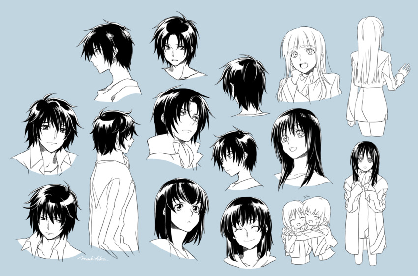 2boys 3girls :d ^_^ black_hair blue_background blunt_bangs cheek-to-cheek closed_eyes cropped_jacket greyscale greyscale_with_colored_background hazama_shouko heads_together hug jacket long_hair long_sleeves looking_at_viewer machi_fuka makabe_kazuki masaoka_ryou medium_hair minashiro_tsubaki monochrome multiple_boys multiple_girls multiple_views open_mouth oversized_clothes short_hair signature simple_background skirt sleeves_past_wrists smile soukyuu_no_fafner tatekami_seri uniform upper_body