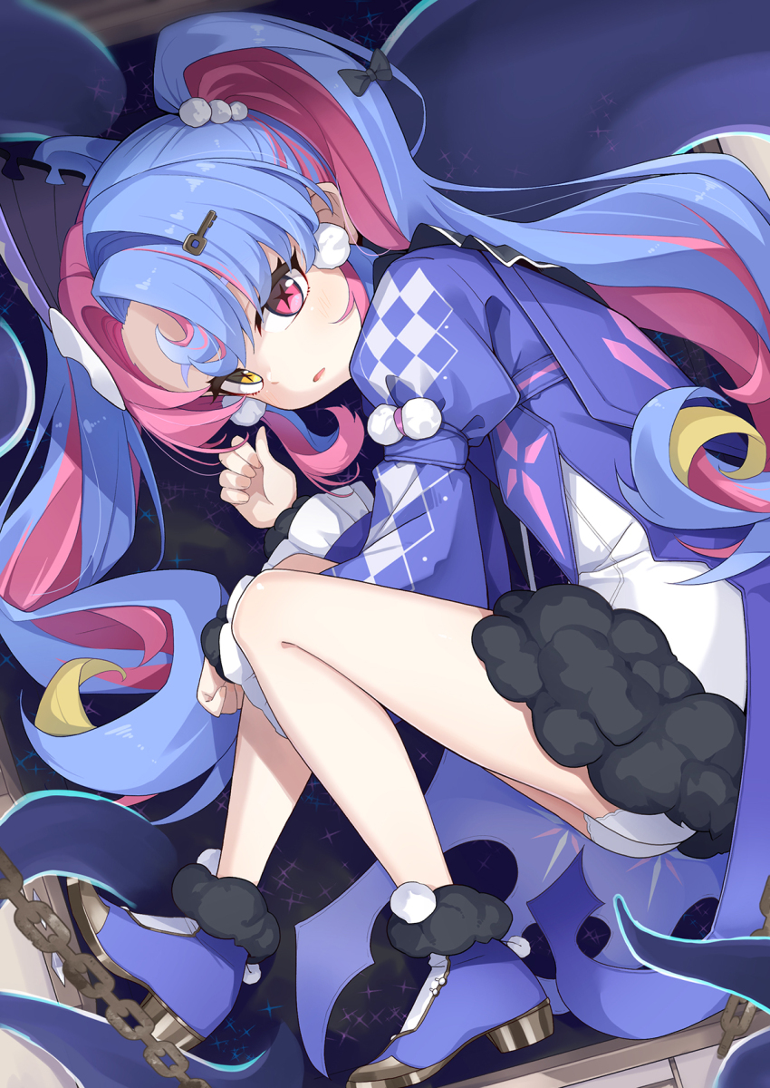 1girl blue_hair dress eye_mask full_body fur-trimmed_dress fur_trim hair_ornament hairclip heterochromia highres key_hair_ornament long_hair looking_at_viewer mask mask_on_head multicolored_dress multicolored_hair ogami_kazuki panties pink_eyes pink_hair purple_hair purple_shrug roccia_(wuthering_waves) symbol-shaped_pupils twintails two-tone_hair underwear white_panties wuthering_waves x-shaped_pupils yellow_eyes