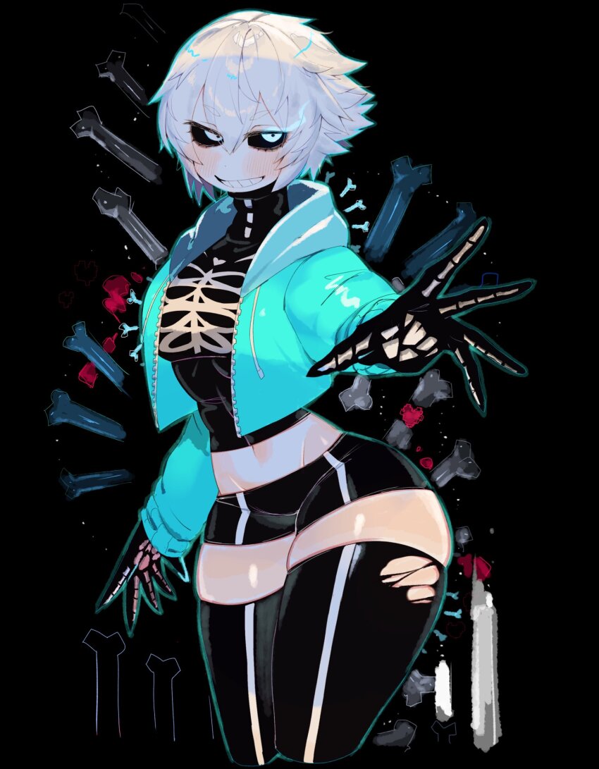 1girl black_background black_sclera black_shorts black_thighhighs blue_jacket blush bone breasts colored_sclera commentary_request cropped_jacket cropped_legs eye_trail eyelashes genderswap genderswap_(mtf) gloves glowing glowing_eye grin heart highres hood hood_down hooded_jacket humanization jacket light_trail looking_at_viewer medium_breasts micro_shorts open_clothes open_jacket sans_(undertale) short_hair short_shorts shorts skeleton_print smile solo thighhighs torn_clothes undertale usa37107692 white_eyes white_hair
