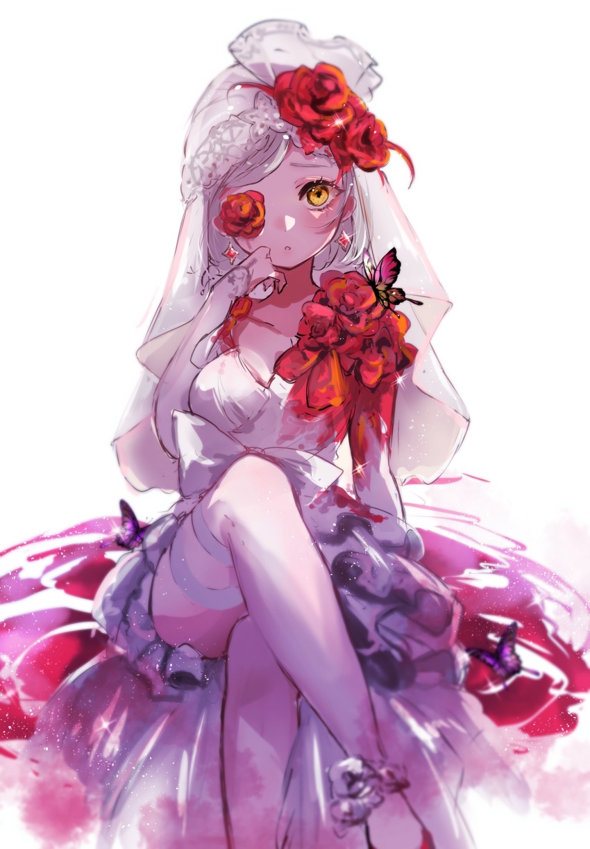 1girl :o absurdres breasts bridal_gauntlets bridal_veil bug butterfly chigiri_kurenai crossed_legs dress earrings feet_out_of_frame flower flower_ornament hand_on_own_chin hat hat_flower head_tilt highres identity_v insect jewelry looking_at_viewer medium_breasts official_alternate_costume purple_butterfly raised_inner_eyebrows red_flower red_rose rose sitting solo stained_clothes thighhighs third-party_source veil vera_nair vera_nair_(crimson_bride) white_dress white_thighhighs yellow_eyes