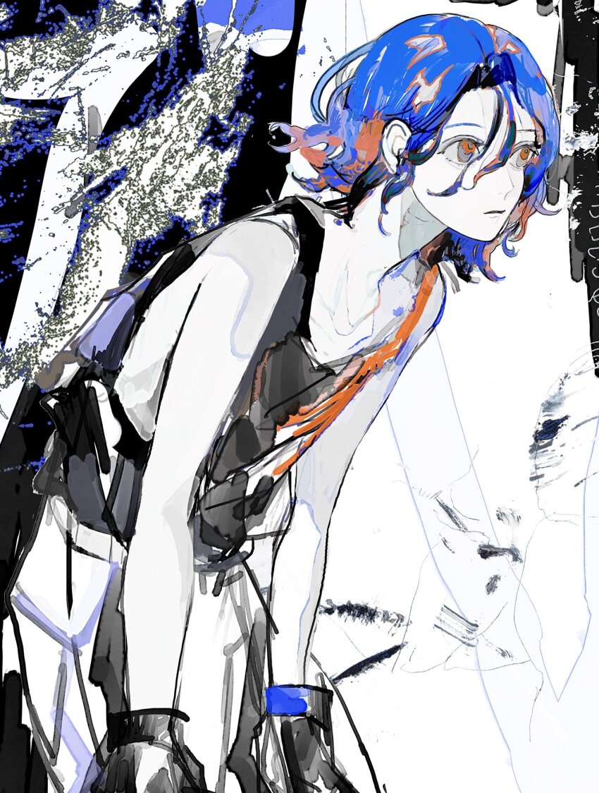1boy bent_over blue_hair colored_inner_hair conch_(gundam) cowboy_shot dodo_o_u gloves gundam gundam_gquuuuuux highres male_focus multicolored_hair non-humanoid_robot pants red_eyes red_hair robot short_hair shuji_ito sleeveless solo tank_top two-tone_hair
