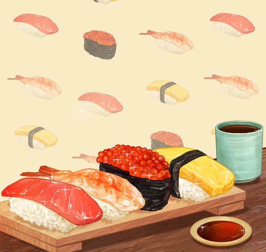 commentary_request fish_(food) food food-themed_background food_focus haruna_macpro highres ikura_(food) no_humans original rice shrimp soy_sauce sushi sushi_geta