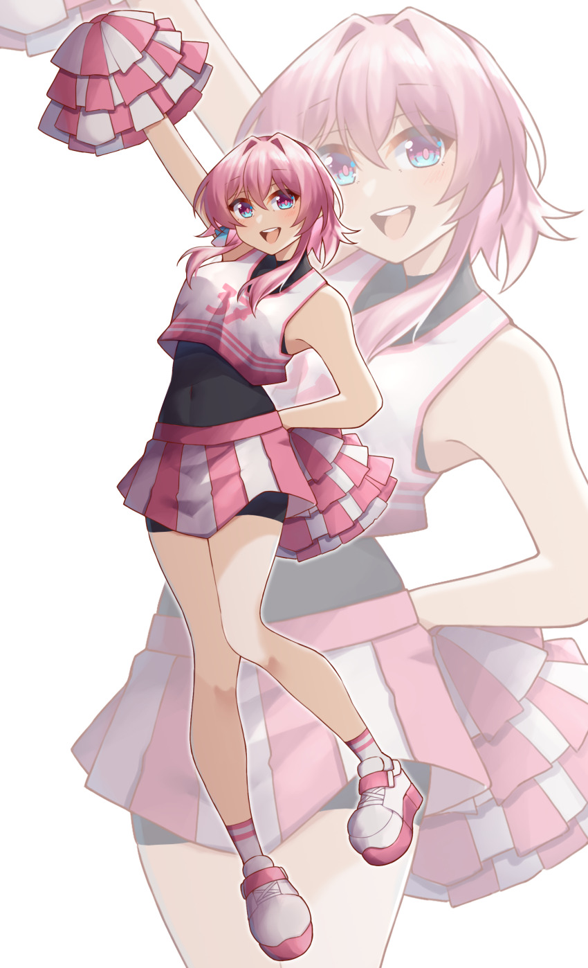 1girl absurdres alternate_costume arm_up blue_eyes cheerleader covered_navel full_body hair_intakes highres holding holding_pom_poms honkai:_star_rail honkai_(series) kwkunai march_7th_(honkai:_star_rail) multicolored_eyes multicolored_shoes pink_eyes pink_hair pink_pupils pink_shirt pink_shoes pink_socks pom_pom_(cheerleading) pom_poms shirt shoes sleeveless smile socks solo teeth two-tone_eyes two-tone_shirt two-tone_shoes two-tone_socks upper_teeth_only white_shirt white_shoes white_socks zoom_layer