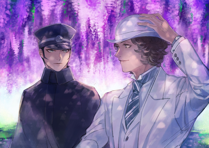 2boys black_cloak blue_necktie bowler_hat buttoned_cuffs buttons cloak curly_hair devil_summoner:_raidou_kuzunoha_vs_the_soulless_army devil_summoner_(series) devil_summoner_2:_raidou_kuzunoha_vs_king_abaddon formal_clothes grey_eyes hand_on_headwear hat high_collar jacket kamizawa_(sark) kuzunoha_raidou long_sleeves looking_at_another male_focus multiple_boys narumi_shouhei necktie peaked_cap popped_collar shako_cap shirt short_hair sideburns striped_necktie suit upper_body white_hat white_jacket white_shirt white_suit wingtip_collar