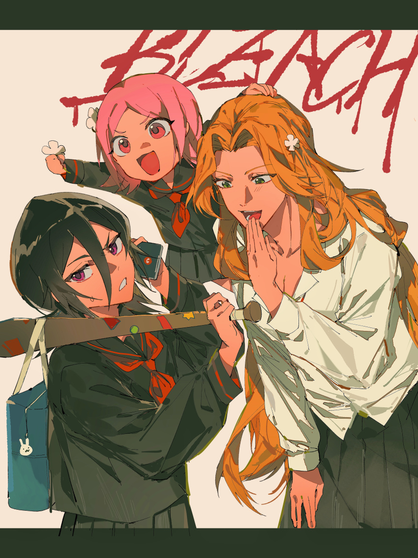 absurdres bag bag_charm baseball_bat black_skirt bleach charm_(object) deng_wo_qu_shang_ge_cesuo highres holding holding_baseball_bat kuchiki_rukia kusajishi_yachiru long_hair matsumoto_rangiku medium_hair pink_hair pleated_skirt purple_eyes school_uniform short_hair simple_background skirt very_long_hair