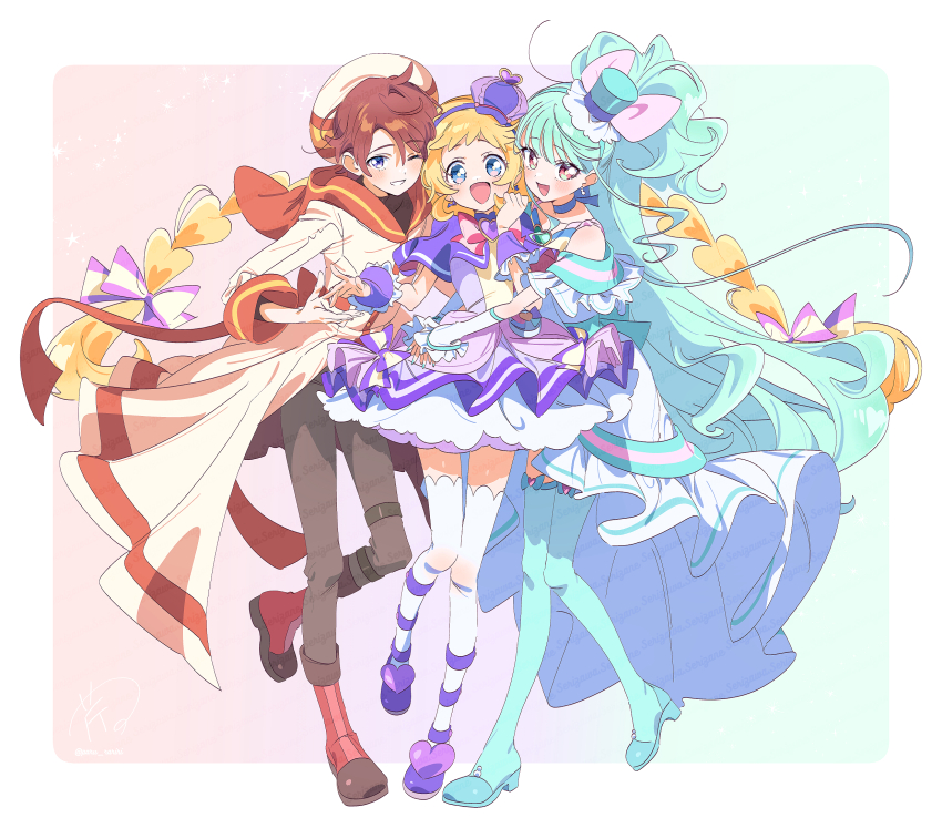 1boy 2girls aqua_background aqua_bow aqua_hair aqua_sleeves aqua_thighhighs arms_around_waist back_bow bare_shoulders belt belt_buckle beret black_belt black_pants black_shirt blonde_hair blue_bow blue_choker blue_eyes blue_hairband blue_hat blue_shoes blunt_bangs boots border bow bow_choker bow_earrings bow_legwear bowtie braid bright_pupils brooch brown_eyes brown_hair buckle capelet choker clothing_cutout collared_capelet commentary cure_friendy cure_lillian deerstalker dot_nose dress dress_bow earrings fingernails floating_clothes floating_hair frilled_arm_warmers frilled_dress frilled_headwear frilled_sleeves frilled_wrist_cuffs frills full_body gradient_background green_brooch grey_pants grin group_hug hairband hand_up happy hat hat_bow hat_ornament heart heart_brooch heart_hat_ornament high_collar high_heels highres horizontal-striped_sleeve_cuffs hug inukai_iroha jewelry layered_sleeves leg_belt leg_ribbon light_blush light_particles long_dress long_hair long_sleeves looking_at_viewer low_twin_braids magical_boy magical_girl messy_hair mini_hat mini_top_hat multiple_girls nekoyashiki_mayu offering_hand_to_another one_eye_closed one_side_up open_mouth orange_background orange_sailor_collar orange_sleeve_cuffs outside_border outstretched_hand pants paru_rari petticoat pink_bow pink_bowtie pleated_dress precure pumps purple_background purple_bow purple_brooch purple_capelet purple_dress purple_eyes purple_hairband purple_hat purple_ribbon purple_shoes purple_wrist_cuffs red_boots ribbon robe sailor_collar shirt shoes short_dress short_hair short_sleeves shoulder_cutout single_stripe smile sphere_earrings standing striped_bow striped_bowtie striped_clothes striped_sleeves symbol-only_commentary taking_another&#039;s_hand tareme thighhighs top_hat toyama_satoru tsurime turtleneck turtleneck_shirt twin_braids very_long_hair wavy_hair white_arm_warmers white_border white_bow white_bowtie white_dress white_hat white_pupils white_robe white_thighhighs wonderful_precure! wrist_cuffs