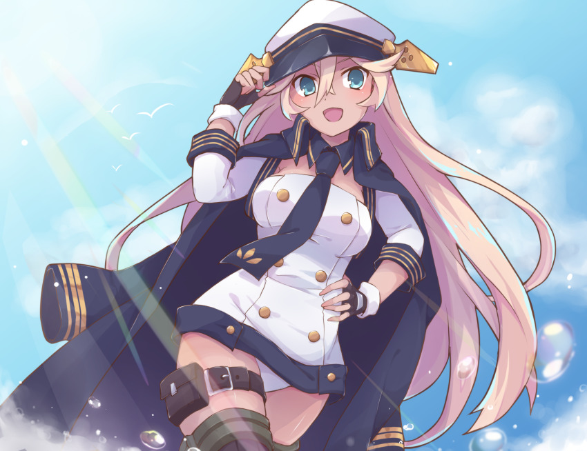 1girl azur_lane belt black_belt black_gloves blue_neckwear buttons crossed_bangs dark-skinned_female dark_skin dress female_focus gloves hat highres jacket jacket_on_shoulders microdress peaked_cap pouch sawara_(starligtvision) solo tennessee_(azur_lane) thigh_strap upskirt white_hat