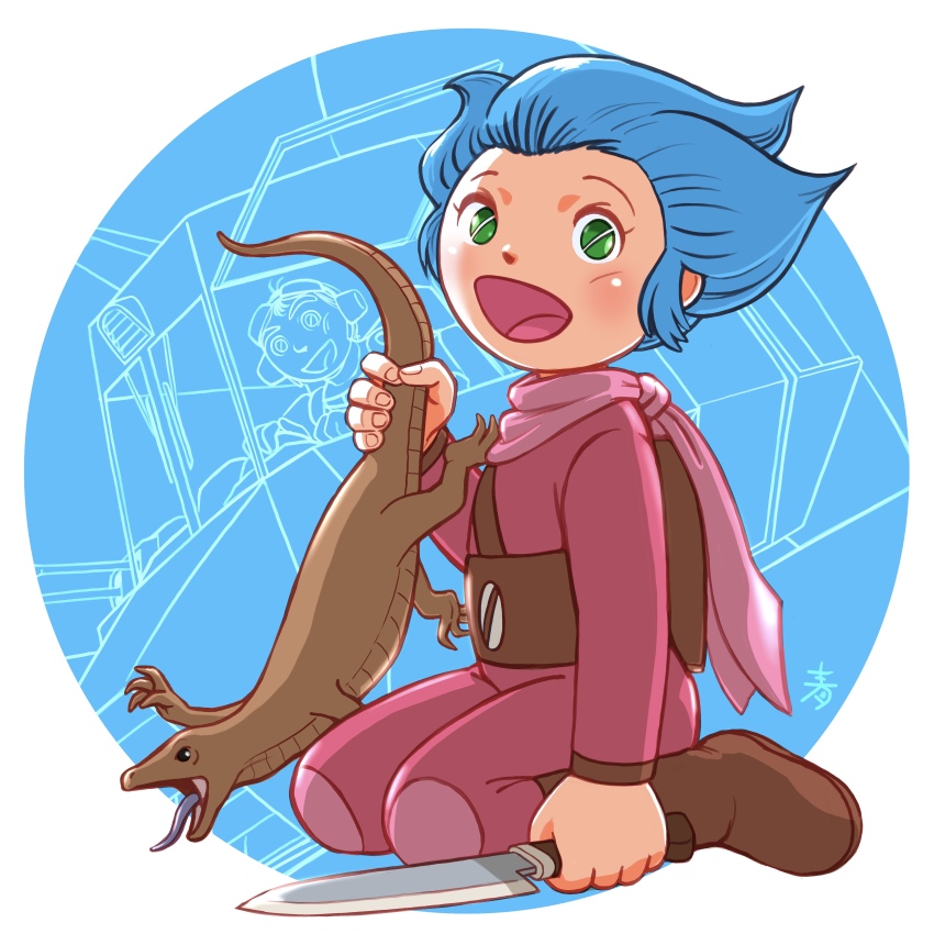 1boy 1girl :d absurdres aobito_sukoyaka_bystander blue_background blue_hair brown_footwear child chill_(xabungle) green_eyes highres jiron_amos jumpsuit knife lizard mecha open_mouth pink_scarf robot scarf sentou_mecha_xabungle short_hair sidelocks sitting smile xabungle_(mecha)