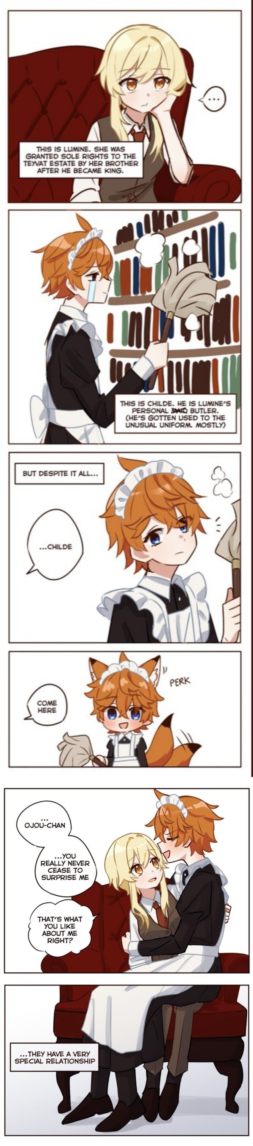 ... 1boy 1girl 4koma absurdres alternate_costume armchair chair comic crossdressing crossdressing crying duster english_text feather_duster genshin_impact highres lumine_(genshin_impact) maid sitting sitting_on_another&#039;s_lap sitting_on_lap sitting_on_person speech_bubble tartaglia_(genshin_impact)