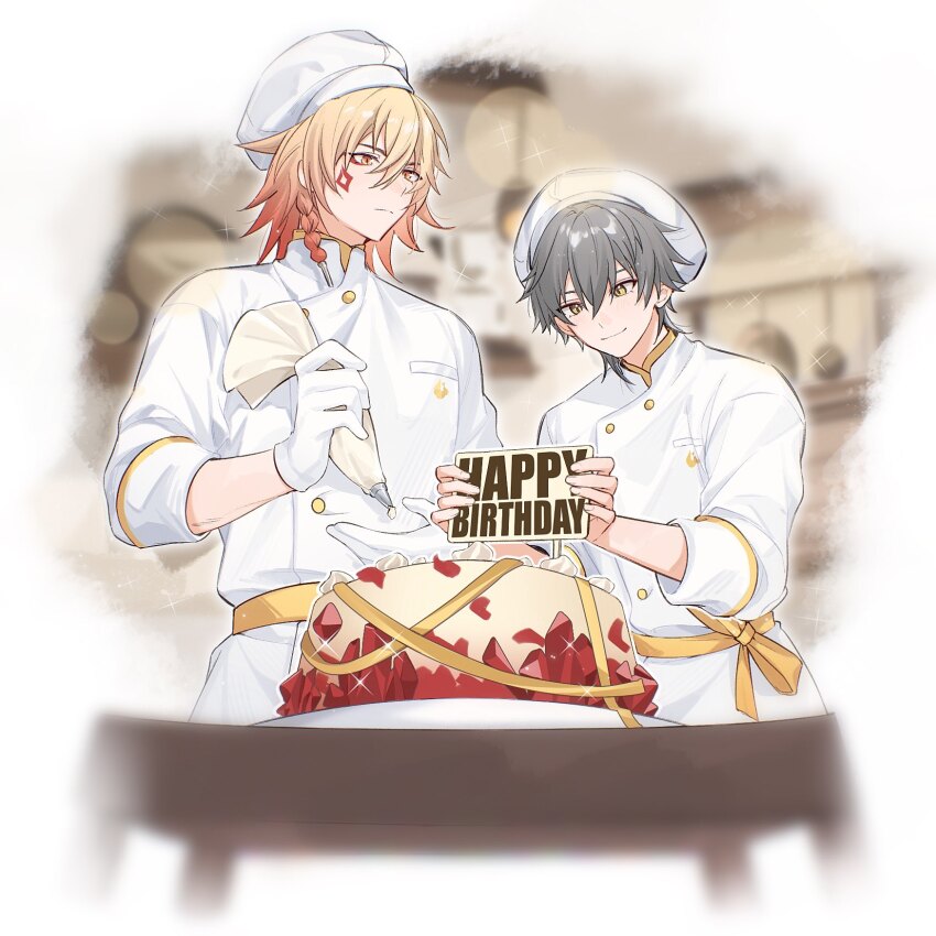 2boys alternate_costume birthday_cake blonde_hair braid buttons caelus_(honkai:_star_rail) cake chef chef_hat chinese_commentary coat commentary_request commission facial_tattoo food freaknaru123 gloves gradient_hair grey_hair hair_between_eyes happy_birthday hat highres holding holding_pastry_bag honkai:_star_rail honkai_(series) kitchen male_focus medium_hair multicolored_hair multiple_boys mydei_(chrysos_chef)_(honkai:_star_rail) mydei_(honkai:_star_rail) official_alternate_costume pastry_bag red_hair red_tattoo second-party_source side_braid tattoo trailblazer_(honkai:_star_rail) white_coat white_gloves white_hat yellow_eyes
