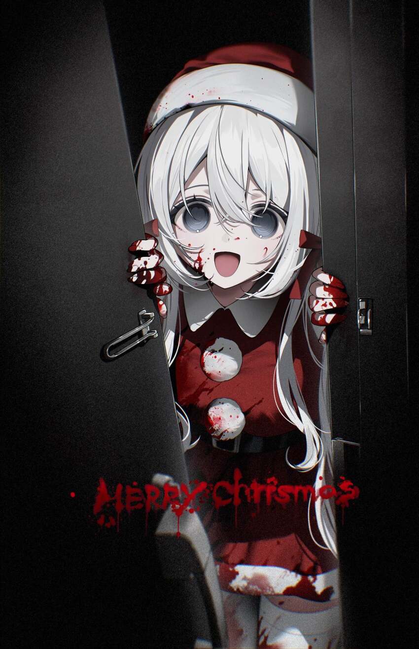 1girl :d aitsuki_nakuru artist_request blood blood_on_clothes blood_on_face blood_on_object blue_eyes door happy hat highres la_priere lock merry_christmas open_mouth opening_door santa_costume santa_hat smile thighhighs white_hair white_thighhighs yandere zettai_ryouiki