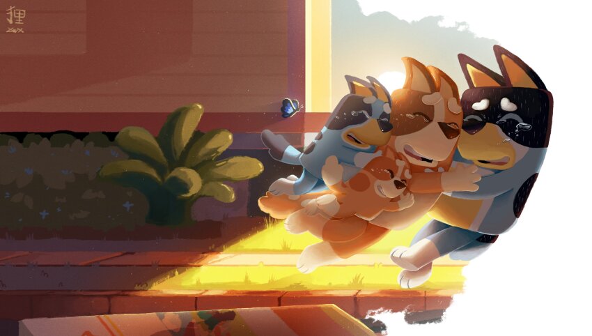 1boy absurdres artist_name bandit_heeler bingo_heeler bluey bluey_heeler bug butterfly chilli_heeler closed_eyes dog_boy dog_girl falling family highres hug insect light_particles mrrmann1 multiple_girls open_mouth outdoors plant road signature smile street sunlight sunset tears teeth tongue