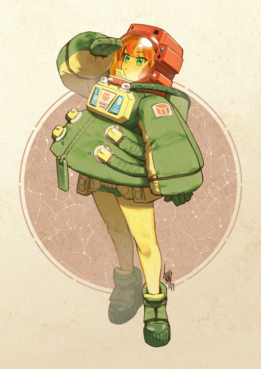 1girl absurdres boots cosmos_(transformers) genderswap genderswap_(mtf) gloves green_boots green_eyes green_gloves green_jacket helmet highres jacket leaning_back looking_up orange_hair pantyhose personification solo space_helmet transformers tsunetaka_rakurai yellow_pantyhose