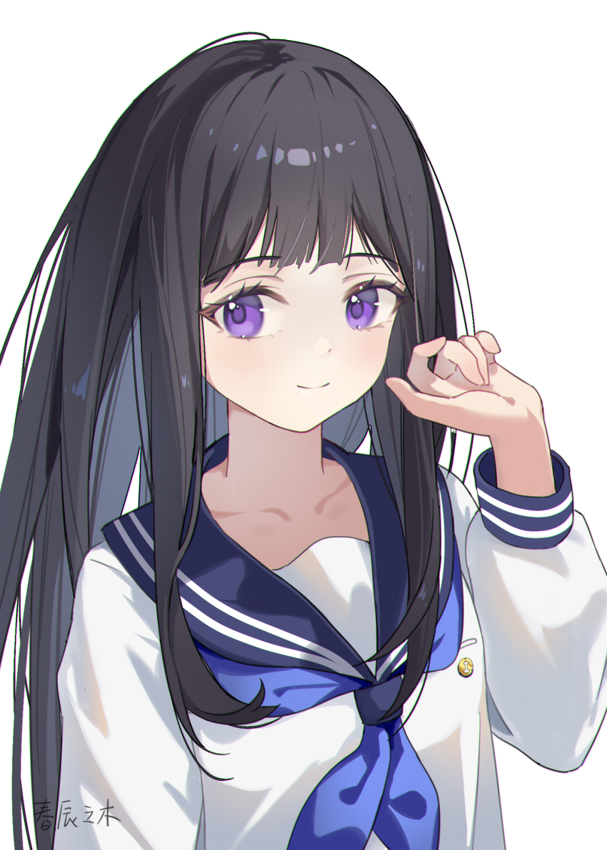 1girl arm_up black_hair blue_neckerchief blue_sailor_collar blunt_bangs chitanda_eru closed_mouth commentary_request harutatsunoki highres hyouka kamiyama_high_school_uniform_(hyouka) long_hair looking_at_viewer neckerchief sailor_collar school_uniform shirt sidelocks simple_background smile solo upper_body white_background white_shirt