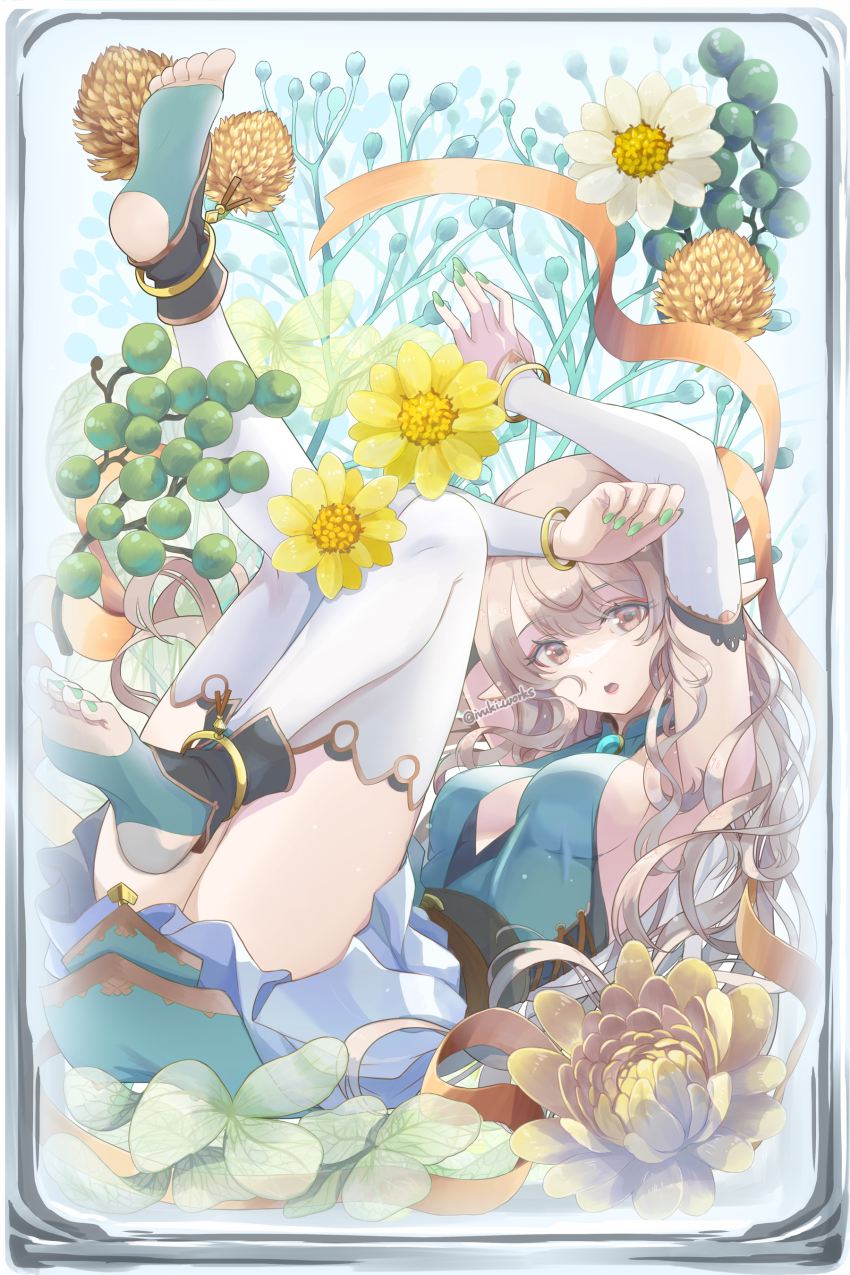 1girl absurdres ankle_cuffs anklet armpits arms_up bracelet breasts brown_eyes cleavage cleavage_cutout clothing_cutout commentary_request curly_hair detached_sleeves elf flower full_body green_nails herbarium highres ivuki jewelry legs_up light_brown_hair long_hair long_sleeves looking_at_viewer lying medium_breasts on_back open_mouth original plant pointy_ears potted_plant shirt sideboob skirt sleeveless sleeveless_shirt solo stirrup_legwear thighhighs toeless_legwear toes white_skirt white_thighhighs