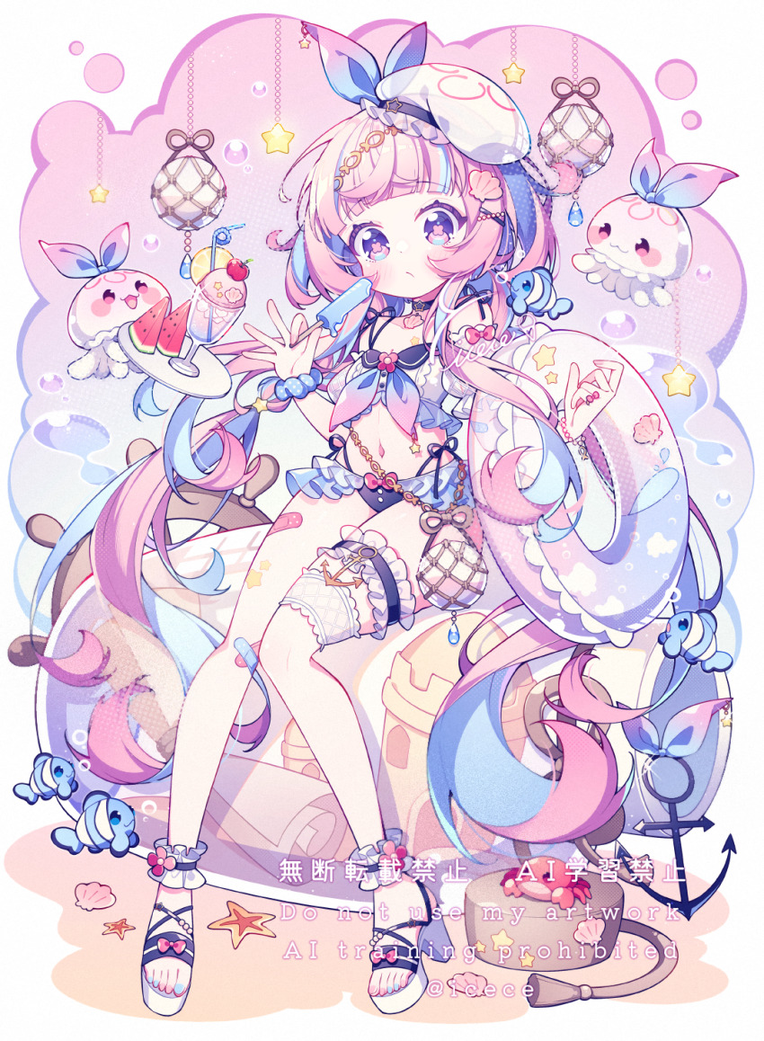 1girl bandaid bandaid_on_leg bikini blue_bikini blue_nails blue_scrunchie blunt_bangs blush closed_mouth commentary cup drinking_glass food frilled_bikini frilled_thigh_strap frills fruit full_body hat highres holding holding_food holding_popsicle hyou_(pixiv3677917) innertube jellyfish long_hair looking_at_viewer multicolored_hair multicolored_nails nail_polish navel original pink_hair pink_nails popsicle purple_eyes sandals scrunchie sitting solo star_(symbol) streaked_hair swim_ring swimsuit symbol-only_commentary thigh_strap toenail_polish toenails two-tone_hair watermark watermelon watermelon_slice white_hat white_sandals wrist_scrunchie