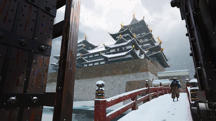 1other architecture black_hair blue_eye_samurai bridge cloud cloudy_sky commentary concept_art east_asian_architecture english_commentary from_behind hakama highres japanese_clothes netflix outdoors pagoda railing river scenery sky snow snowing stairs standing walking wide_shot wooden_door yun_ling