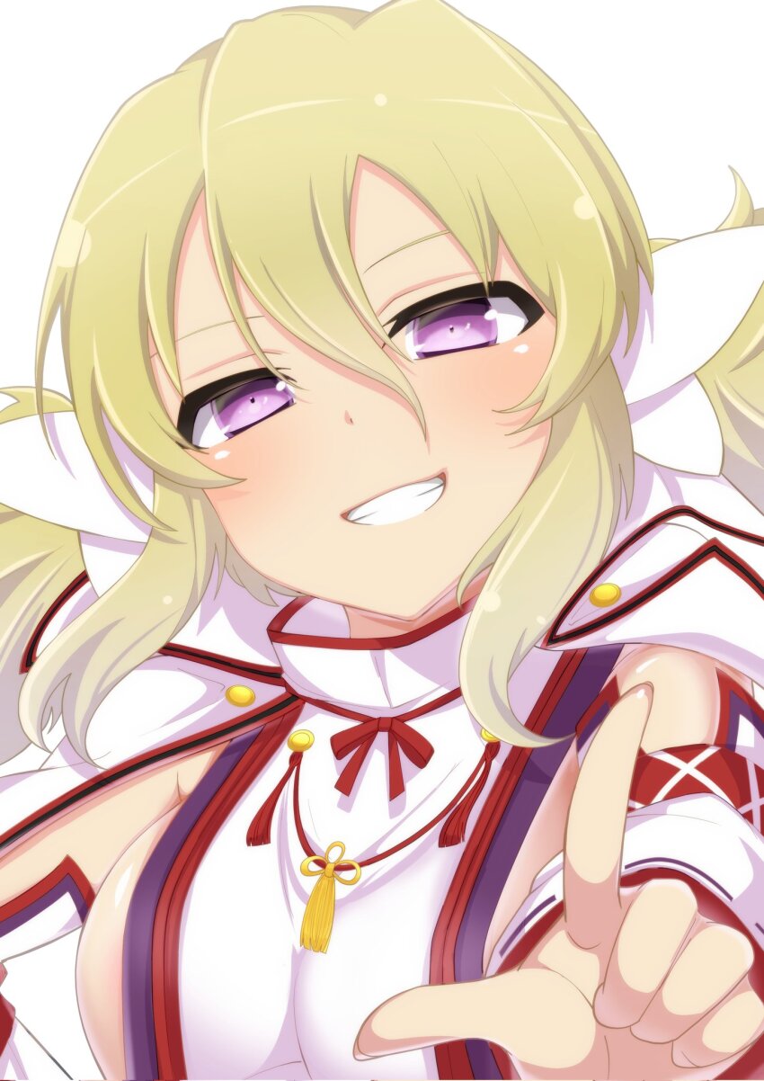 1girl betterthanbone2 blonde_hair blush bow breasts buttons chinese_knot detached_sleeves double-breasted hair_between_eyes high_collar highres japanese_clothes kafuru_(senran_kagura) looking_at_viewer low_twintails medium_breasts nontraditional_miko official_alternate_costume open_mouth pointing pointing_at_viewer purple_eyes red_ribbon ribbon ribbon-trimmed_sleeves ribbon_trim senran_kagura senran_kagura_estival_versus senran_kagura_new_link shiny_skin sideboob sidelocks simple_background smile smirk solo tassel teeth twintails upper_body white_background wide_sleeves