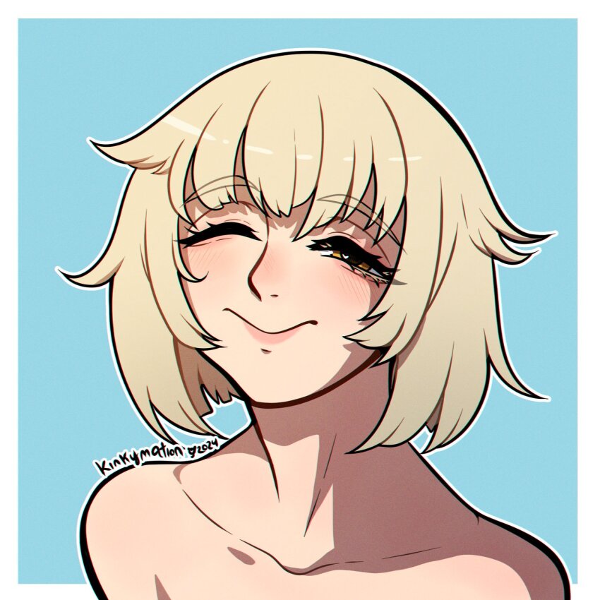 1girl ;) artist_name blonde_hair blush collarbone dungeon_meshi falin_touden highres kinkymation looking_at_viewer one_eye_closed pointy_ears portrait short_hair simple_background smile topless_female topless_frame upper_body